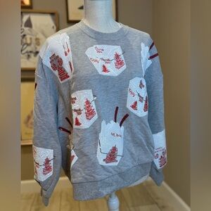 New! QUEEN OF SPARKLES  Gray Sequin Chinese Lunchbox Oversized Sweatshirt